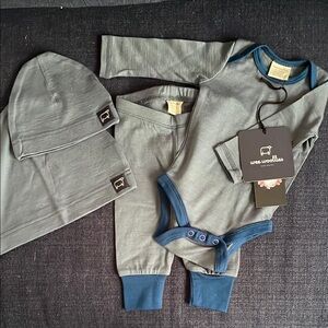 NWT Wee Woollies Gray and Blue 0-3M Baby Outfit Set